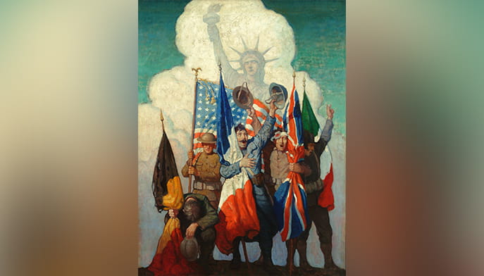 Soldiers from different nations, holding flags, stand triumphantly before the Statue of Liberty. The scene conveys unity and victory.